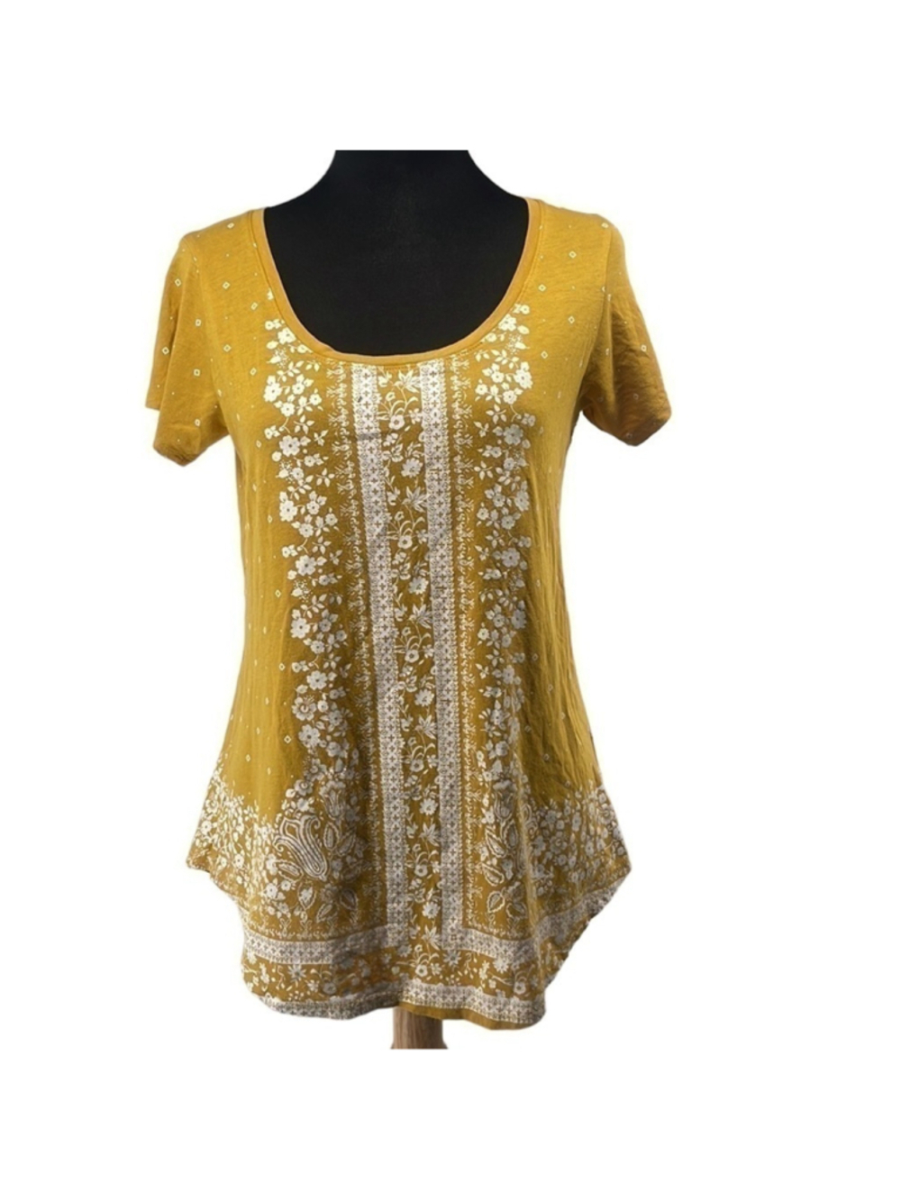 Lucky Brand t shirt shirt sleeve top spring vibes yellow floral paisley sz sm